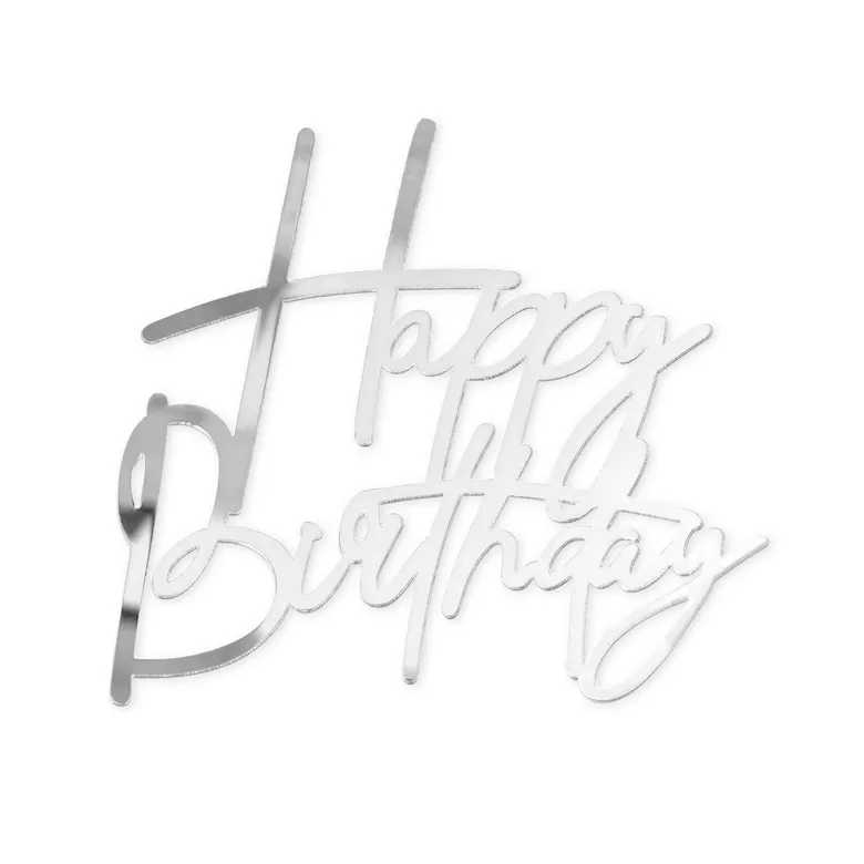 Sidabrinė veidrodinė dekoracija tortui su gimtadienio motyvu, DIY, 1 vnt.