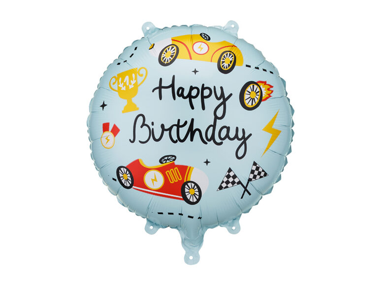 Folinis balionas „Happy Birthday“ lenktynių tema 35 cm