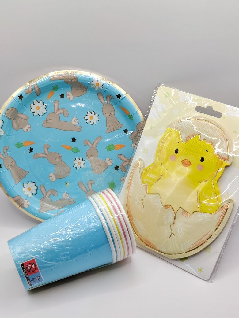 Vienkartinių indų rinkinys 6 asmenims – lėkštutės, puodeliai, servetėlės