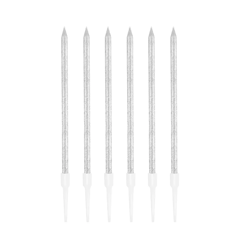 Gimtadienio žvakutės sidabrinės su blizgučiais, 6 vnt.