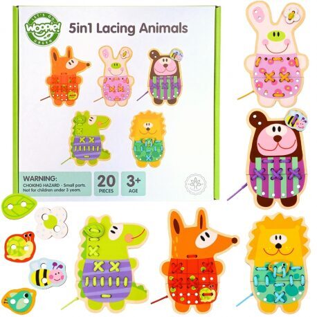 WOOPIE GREEN Medinė virvutė 5in1 – gyvūnėliai su skylutėmis