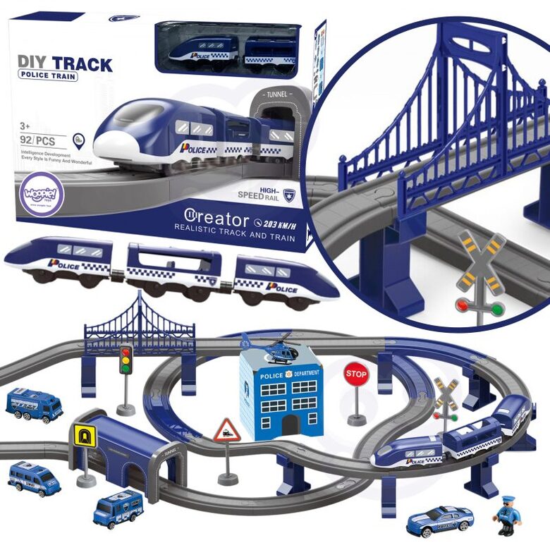 WOOPIE elektrinė traukinio trasa – policijos komisariatas su automobiliais ir sraigtasparniu (92 el.)