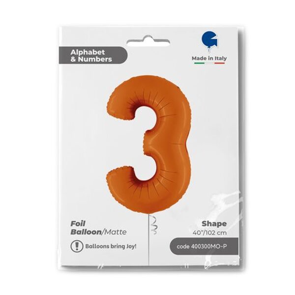 Folinis balionas skaičius "3" , matinė oranžinės spalvos (102 cm)