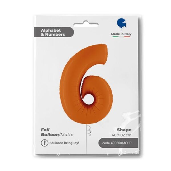 Folinis balionas skaičius "6" , matinė oranžinės spalvos (102 cm)